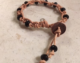 Tan Bracelet - Macrame Jewelry - Black Obsidian Gemstone Beads - Leather - Fashion - Trendy - Beaded - Copper Button