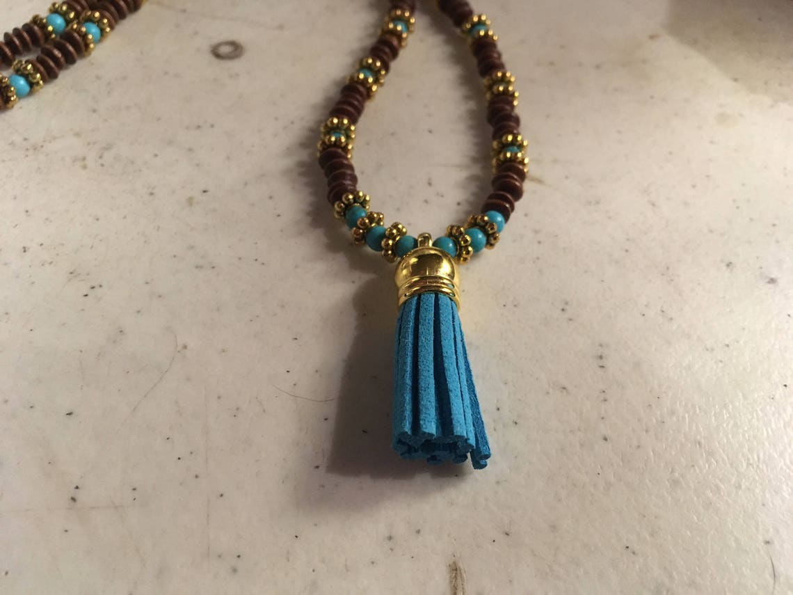 Turquoise and Brown Necklace Wood Jewelry Gold Jewellery - Etsy