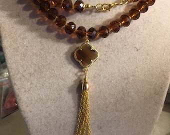 Bruine Ketting - Kristallen Sieraden - Gouden Sieraden - Kwastje Hanger - Kwartel - Lang - Mode