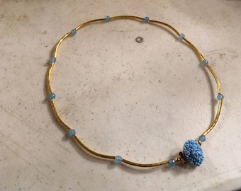 Blauwe ketting - Tube Jewelry - Gouden sieraden - Vintage Flower Box Clasp - Choker - Handgemaakt - cdjali - Cadeau - 16 inch - US gratis verzending