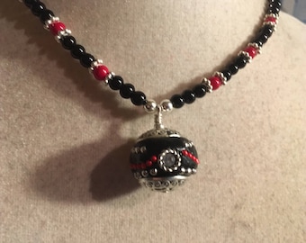 Zwarte Ketting - Zilveren Sieraden - Hanger Sieraden -Rood - Mode - Kralen