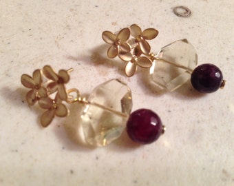 Garnet Earrings - Lemon Quartz Jewellery - Red and Yellow Jewelry - Gold - Luxe - Chic - Flowers - Gemstones