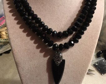 Black Necklace - Sterling Silver Jewelry - Multi Strand - Crystal Jewellery - Onyx Arrow Pendant - Fashion - Beaded - Chunky - Luxe - Luet