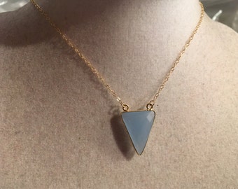 Light Blue Necklace - Chalcedony Gemstone Jewelry - Triangle Pendant - Gold Chain Jewellery - Fashion - Trendy