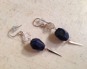 Lapis Earrings - Navy Blue Jewelry - Gemstone Jewellery - Denim - Sterling Silver - Fashion - Spike