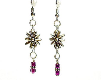 Purple Earrings Flower Earrings February Birthstone Silver Jewelry Dangle Pierced Earrings Gift Under 15 Floral