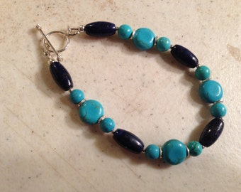 Lapis & Turquoise Bracelet - Navy Blue Jewelry - Gemstone Jewellery - Sterling Silver - Fashion - Unique