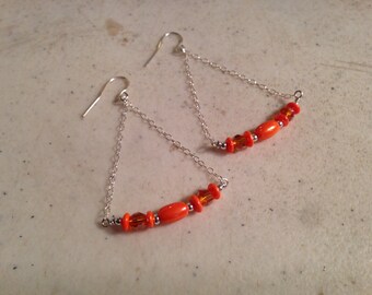 Orange Earrings - Sterling Silver Jewelry - Beaded Jewellery - Chain - Crystal - Fashion - Dangle