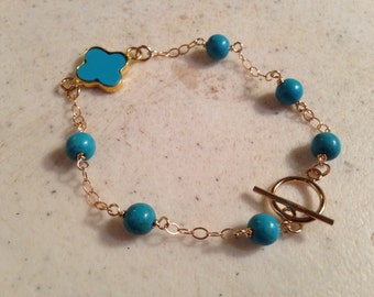 Turquoise Bracelet - Blue Gemstone Jewelry - Gold Jewellery - Quatrefoil - Chain - Fashion - Wire Wrapped - Handmade - Gift - Luet