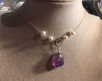 Amethyst Necklace - Purple Jewelry - February Birthstone - Freshwater Pearl - Gemstone Jewellery - Sterling Silver Chain