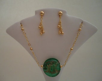 Collar Verde - Joyas Verdes - Joyas de Oro - Piedra de Nacimiento de Mayo - Colgante de Vidrio Verde - Collar Pendiente Set Combo - Mujeres