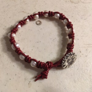 Red Bracelet Macrame Jewelry White Pearl Gemstones Leather Fashion Trendy Beaded Silver Flower Button image 2