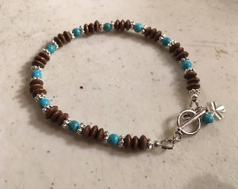 Blauw turkoois armband - sieraden bruin hout - zilveren toggle sieraden - kralen - klaver bedel - cadeau - 7 3/4 inch - gratis verzending VS VS