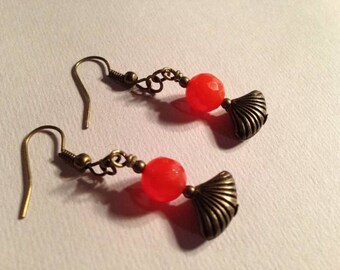 Orange Earrings - Brass Jewelry - Agate Gemstone Jewellery - Fashion - Fan - Wire Wrapped