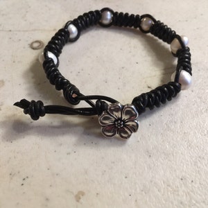 Black Bracelet - Macrame Jewelry - White Pearl Gemstones - Leather - Fashion - Trendy - Beaded - Silver Button
