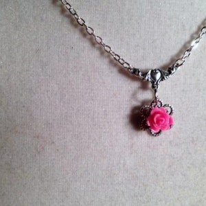 Pink Flower - Necklace Pendant Jewellery - Silver Jewelry - Chain - Dainty - Filigree - Wedding - Bridesmaid