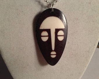 Goth Face Pendant White Turquoise Necklace Brown Wood Jewelry Silver Jewellery Chain  Unique Steampunk