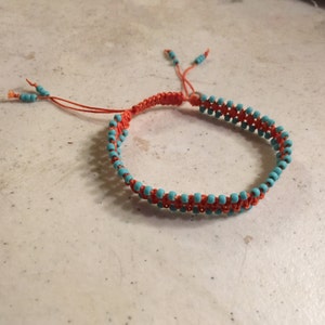 Macrame Jewelry - Orange Bracelet - Turquoise Seed Beads - Adjustable Jewellery - Fashion - Trendy - Beaded - Waxed Linen Cord