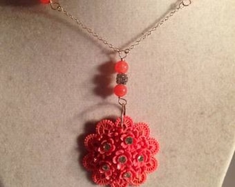 Coral Necklace - Rhinestone Jewelry - Retro Vintage Pendant - Sterling Silver Jewellery - Flower - Fashion - Unique - Mod