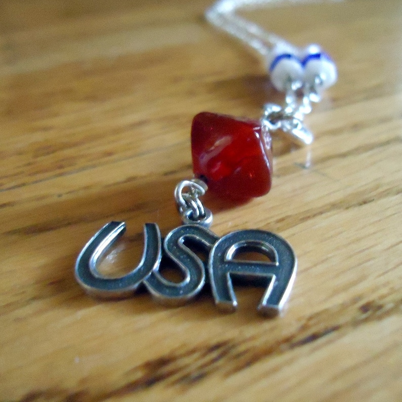 USA Necklace Red White Blue Jewelry Silver Womens Jewellery July 4th Patriotic Chain Independence Day image 1