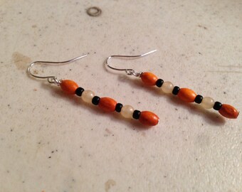 Orange and Black Earrings - Silver Jewelry - Beaded Jewellery - Cream Jade - Gemstones - Dangle - Wood