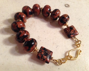 Navy Blue and Brown Bracelet - Gold Jewelry - Goldstone Gemstone Jewellery - Fashion - Beaded