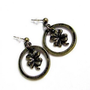 Clover Earrings Brass Jewelry Good Luck Jewellery Hoops Lucky Charm Faith Hope Love Luck Gift image 1