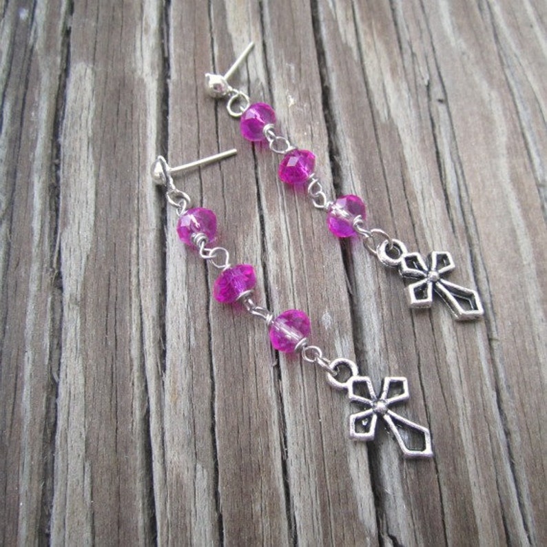 Cross Earrings Hot Pink Jewelry Silver Jewellery Crystal Religious Charm Fashion Style ER-64 image 3