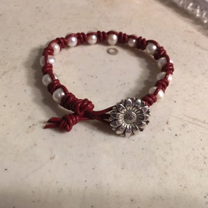 Red Bracelet Macrame Jewelry White Pearl Gemstones Leather Fashion Trendy Beaded Silver Flower Button image 1