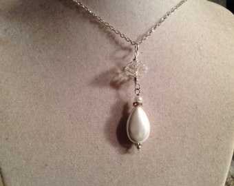 Pearl Necklace - Silver Jewelry - White Wedding Jewellery - Bride - Clear Crystal - Chain - Fashion - Pendant