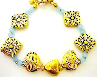 Blue Bracelet - Gold Jewelry - Fish Focal Bead - Heart Charm - Unique Handcrafted Jewellery Ocean Love B-7