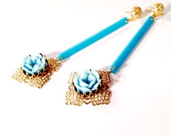 Teal Earrings - Flower Jewellery - Art Deco Jewelry - Gold - Fashion - Mod - Long