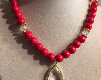 Red Necklace - Turquoise Jewelry - Gold Jewellery - Crystal Pendant - Gemstone - Fashion - Boho - Chic