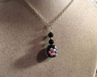 Black Necklace - Silver Jewelry - Flower Jewellery - Chain - Fashion - Pendant