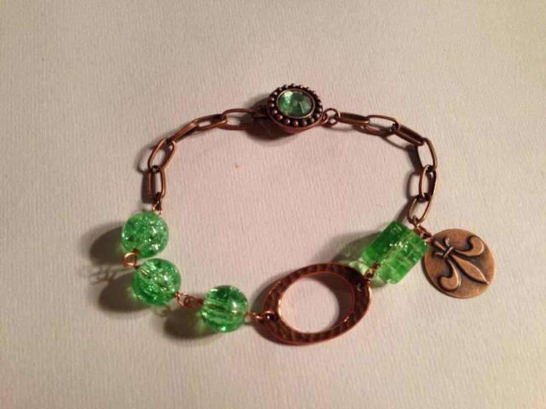Green Bracelet Box Clasp Fleur De Lys Charm Bracelet Copper Jewelry ...