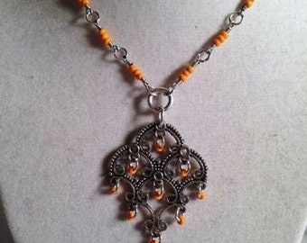 Orange Necklace - UT Jewellery - Silver Jewelry - Pendant - Seed Beads - Texas Longhorn - Everyday