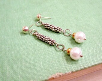 Pearl Earrings - June Birthstone Jewellery  - White Wedding Jewelry - Silver Gold - Mixed Metal