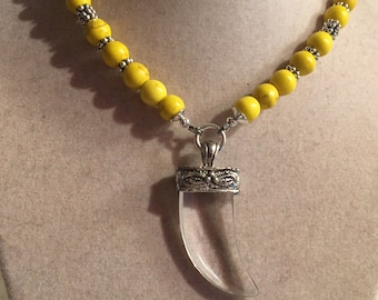 Yellow Necklace - Horn Pendant - Silver Jewelry - Turquoise Gemstone - Fashion Jewellery - Beaded