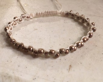 Cream Bracelet - Bronze Metallic Beads - Macrame Jewelry - Adjustable Jewellery - Fashion - Trendy - Beaded
