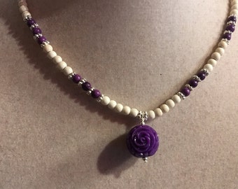 Purple Necklace - White Turquoise Gemstone Jewelry - Silver Jewellery - Flower Pendant - Fashion - Boho