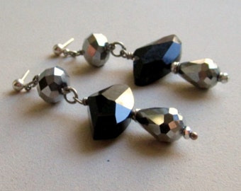 Black Earrings - Metallic Crystal Jewelry - Silver Jewellery - Glam - Luxe - Chunky