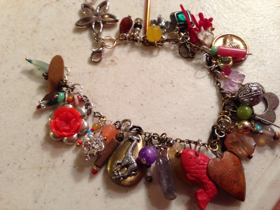 Charm Bracelet Silver Gold Brass Jewelry Beaded Jewellery Fashion  Mod Funky Handmade Luet Gift