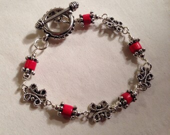 Red Bracelet - Silver Jewelry - Filigree Jewellery - Wood - Wire Wrapped - Layer