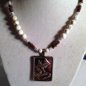 Egyptian Necklace - Queen Nefertiti Pendant -  White Turquoise Gemstone Jewelry - Brown Wood Beads - Unique - Fashion - Silver