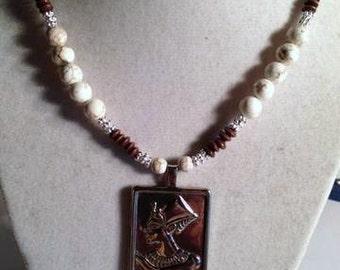 Egyptian Necklace - Queen Nefertiti Pendant -  White Turquoise Gemstone Jewelry - Brown Wood Beads - Unique - Fashion - Silver