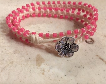 Cream Wrap Bracelet - Pink Seed Beads Beads - Macrame Jewelry - Waxed Linen Cord - Fashion - Trendy - Beaded - Silver Flower Button