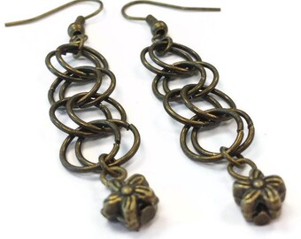 Brass Earrings - Chainmaille Jewellery - Flower Charm Jewelry - Fashion - Unique