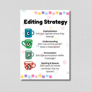 CUPS Editing Strategy Poster | Colourful Classroom Decor | Writing Checklist Printable | Teacher Resource | Grammar Poster