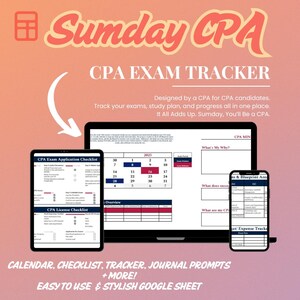 Könnte beinhalten: Ein digitaler CPA-Examenstracker, der auf einem Tablet, Laptop und Smartphone angezeigt wird. Das Design umfasst einen Kalender, Checklisten und Journal-Eingabeaufforderungen. Der Text enthält "Sumday CPA" und "CPA Exam Tracker". Das Farbschema ist Pfirsich und Weiß.