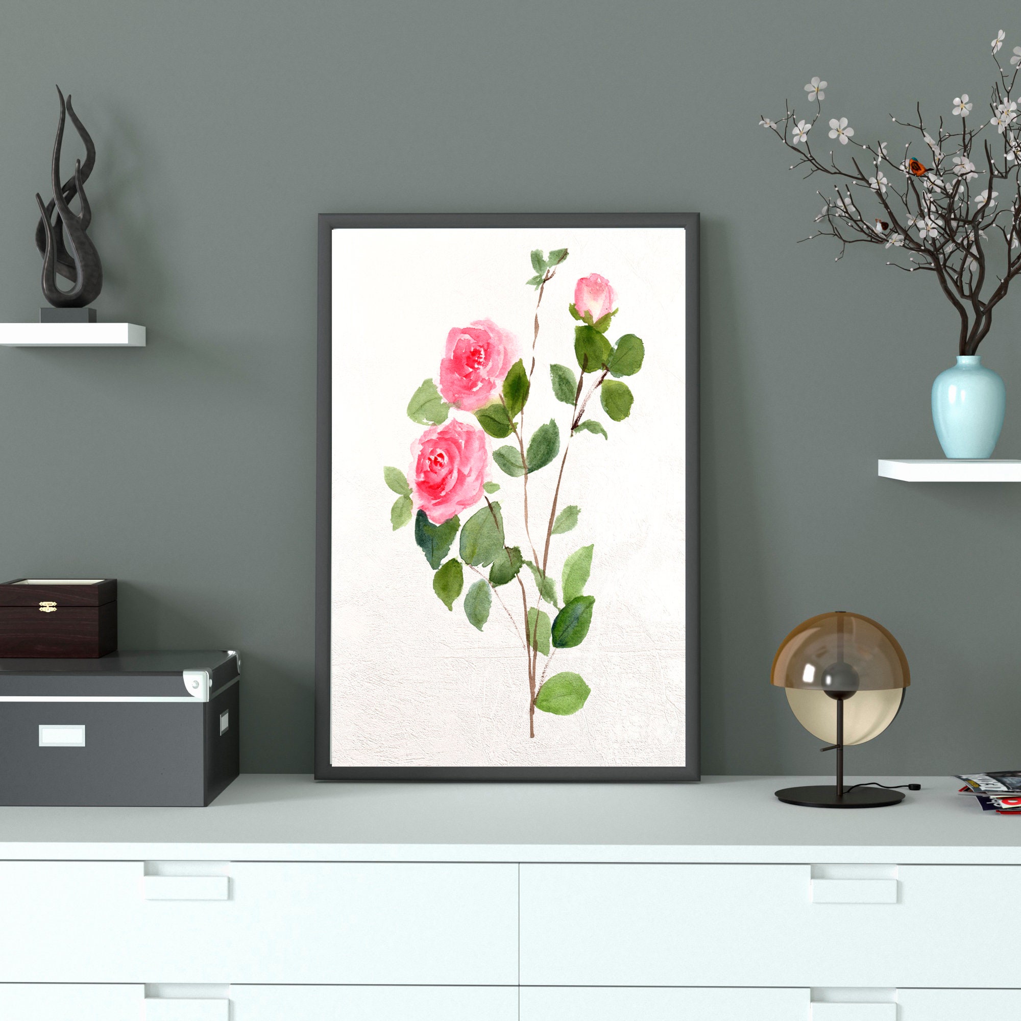 Pink Roses Wall Art Printable Watercolor Rose Painting for - Etsy